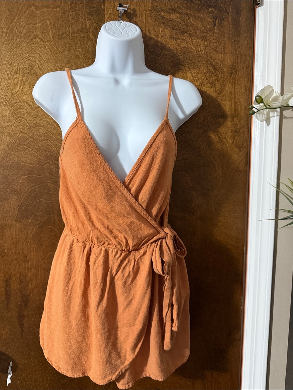 See You Monday Rust Orange Wrap Romper Dress